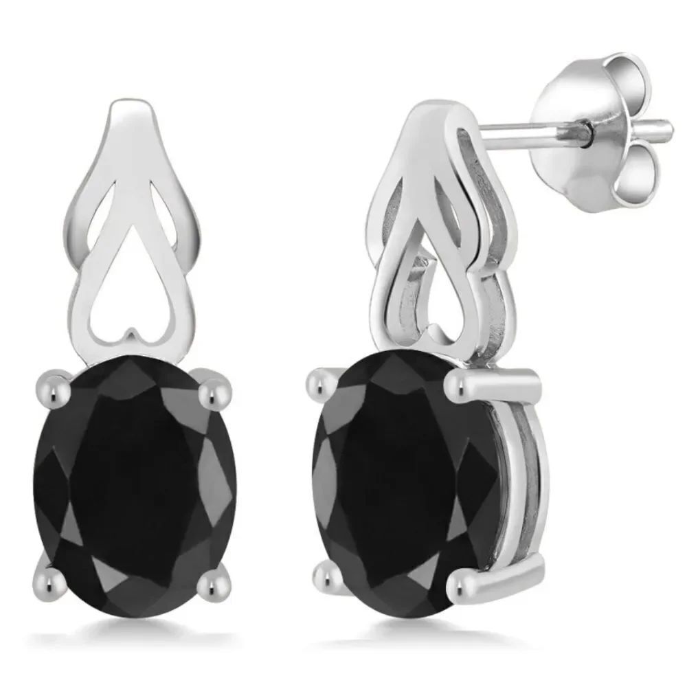 925 Sterling Silver with 5.08 Cttw Black Sapphire Oval Post Back Drop Earrings